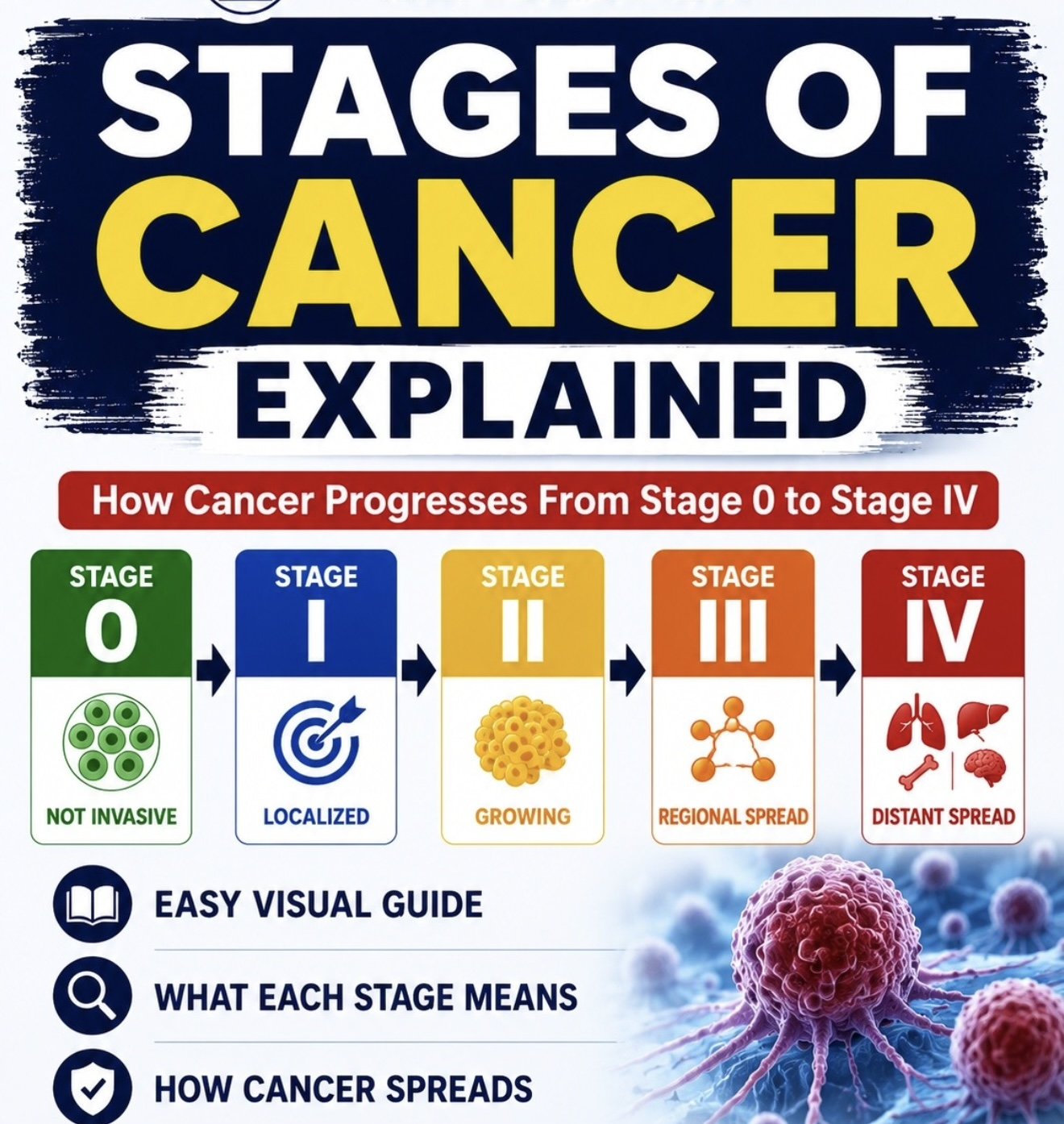 Educational illustration of cancer stages, from Stage 0 abnormal cells through Stage 4 cancer that has spread to distant parts of the body