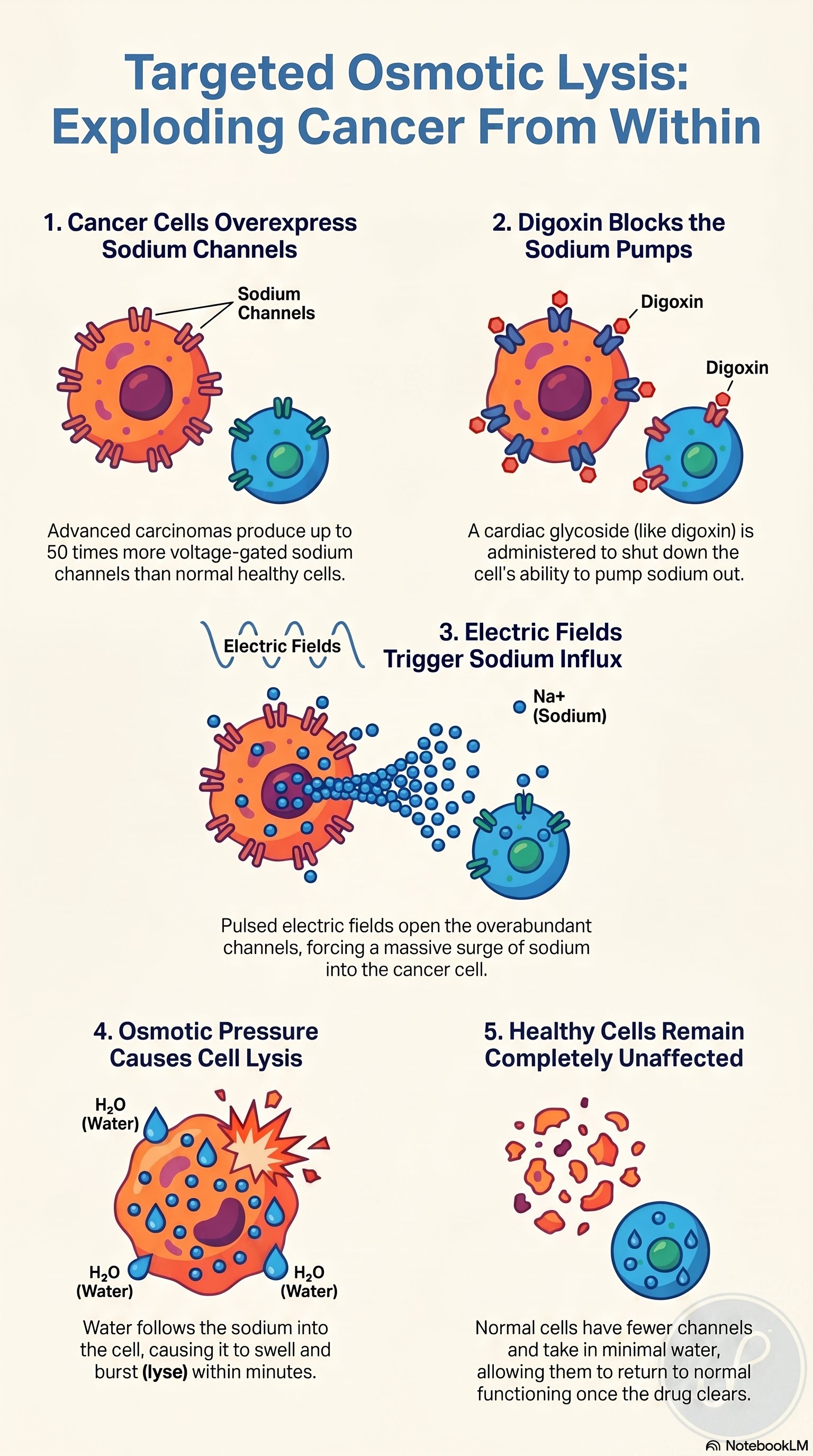 Five-panel illustrated infographic titled 'Targeted Osmotic Lysis: Exploding Cancer From Within'. Panel 1: cancer cells overexpress sodium channels up to 50 times more than normal cells. Panel 2: digoxin blocks sodium pumps. Panel 3: electric fields trigger sodium influx. Panel 4: osmotic pressure causes cell lysis. Panel 5: healthy cells remain unaffected.