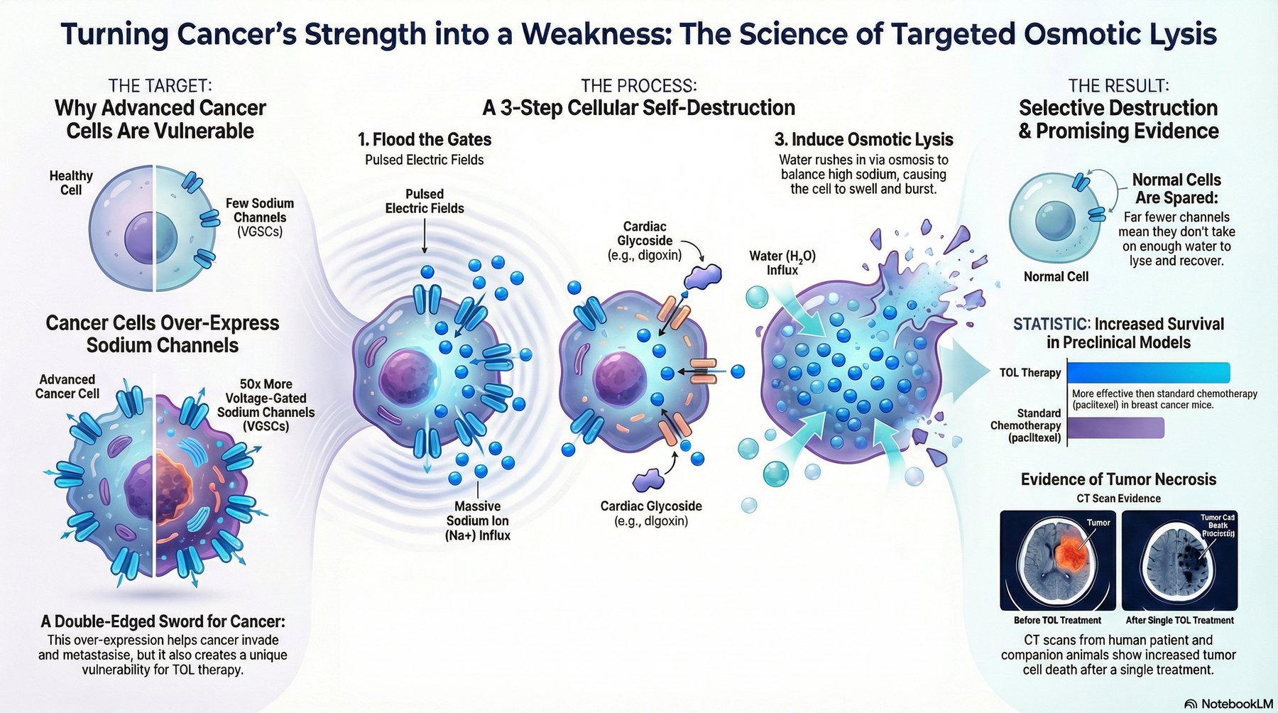 Targeted Osmotic Lysis science overview. The target: advanced cancer cells over-express voltage-gated sodium channels at 50 times normal density. The process: pulsed electric fields flood the gates, cardiac glycoside blocks the pumps, sodium and water influx induces osmotic lysis. The result: normal cells with few channels do not accumulate enough water to lyse and recover. Includes preclinical CT scan evidence of tumor necrosis after a single TOL treatment.