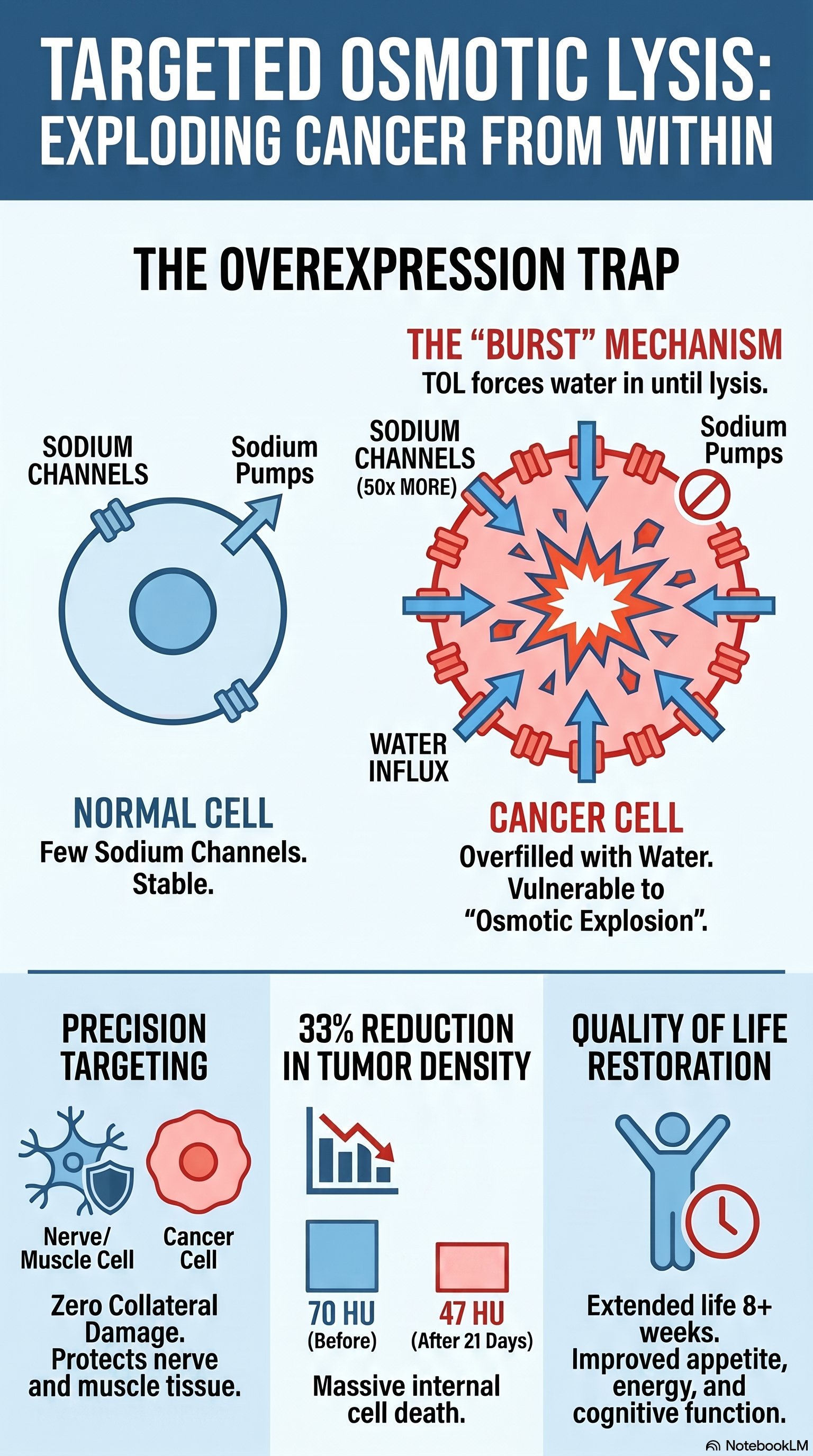 Targeted Osmotic Lysis treatment infographic. Top: cellular comparison between normal cell with few sodium channels and cancer cell with 50 times more sodium channels and pumps undergoing osmotic explosion from water influx. Middle: precision targeting illustration showing zero damage to nerve and muscle cells. Lower middle: tumor density reduction data citing 70 Hounsfield units before treatment and 47 Hounsfield units after 21 days. Bottom: quality of life restoration including improved appetite, energy, and cognitive function.
