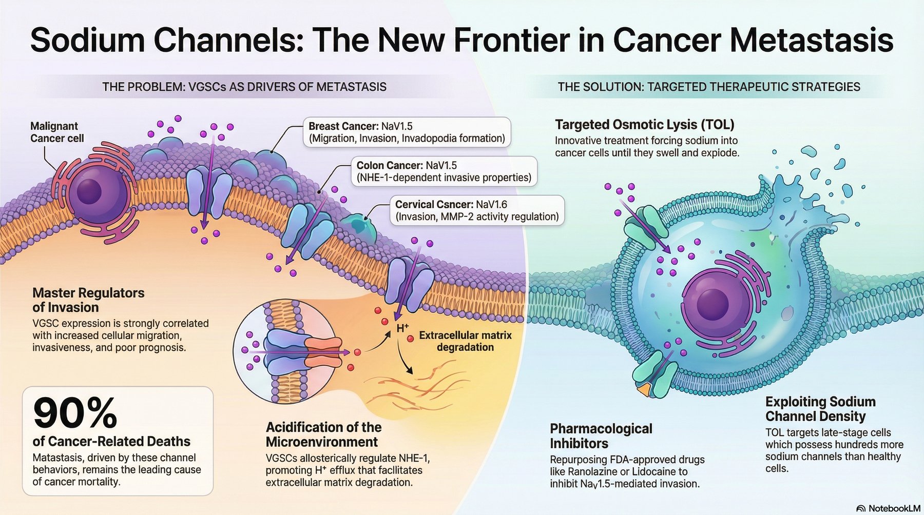 Sodium channels as the new frontier in cancer metastasis. The problem: voltage-gated sodium channels drive metastasis via NaV1.5 in breast cancer (migration, invasion, invadopodia formation), NaV1.5 in colon cancer (NHE-1 dependent invasive properties), and NaV1.6 in cervical cancer (invasion and MMP-2 activity regulation). VGSC expression correlates with poor prognosis. 90 percent of cancer-related deaths come from metastasis. The solution: Targeted Osmotic Lysis, pharmacological inhibitors repurposing approved drugs, and exploiting sodium channel density differential.